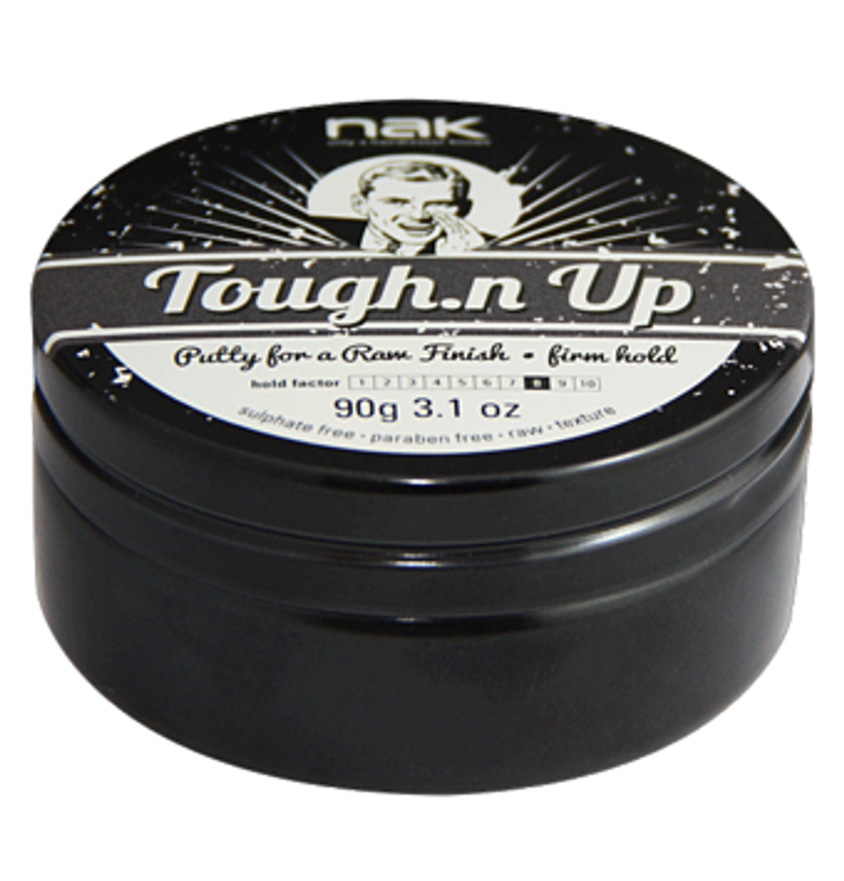 Hair styling wax jar in black, Nak Tough-n-Up 90g label