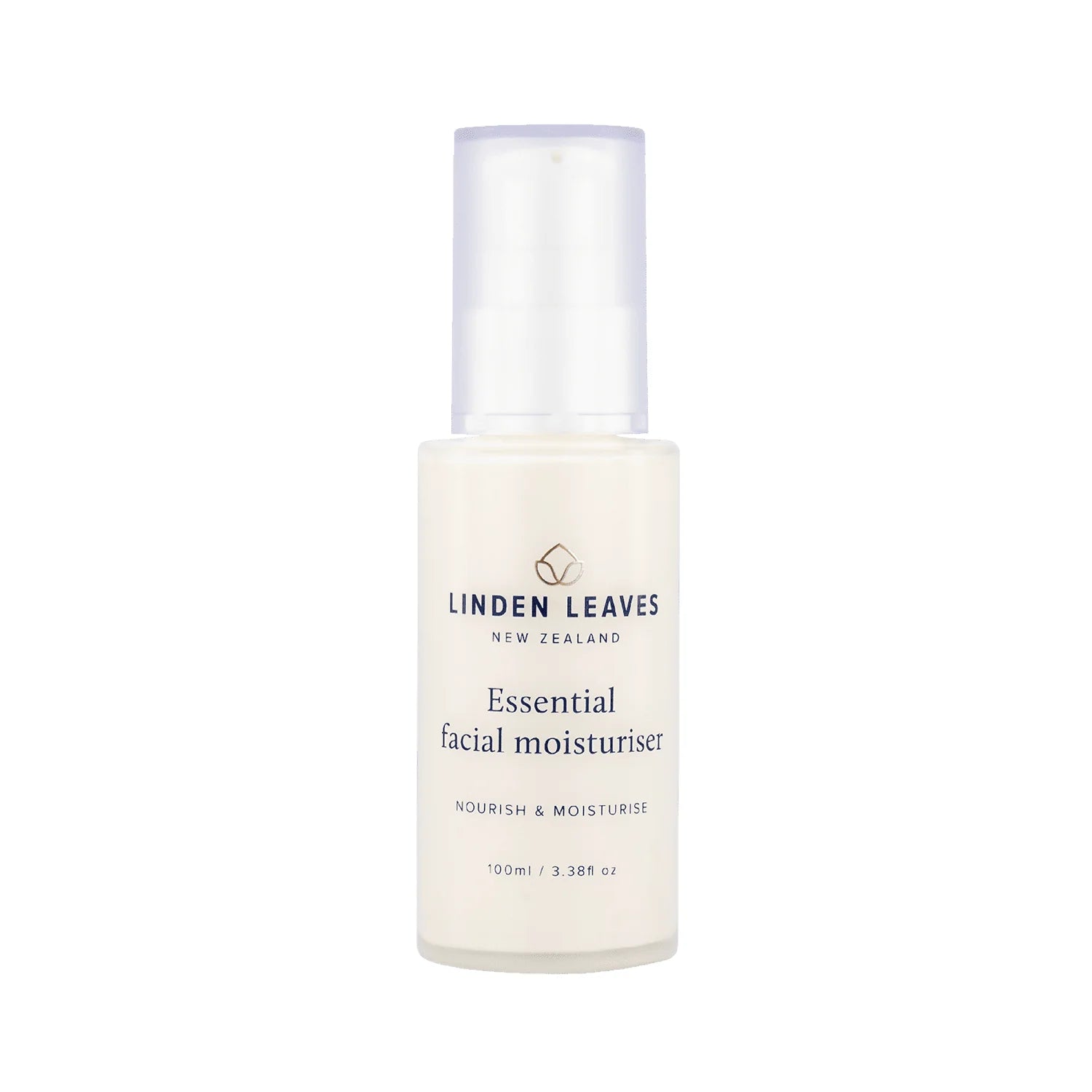 Essential facial moisturiser bottle with pump cap, white label and clear plastic top.