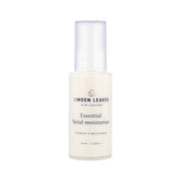 Essential facial moisturiser bottle with pump cap, white label and clear plastic top.