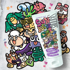 Kids Sun Buster SPF50 sunscreen tube with colorful character artwork, white tube