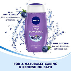 NIVEA Fresh Powerfruit shower gel bottle with water splash, purple bottle