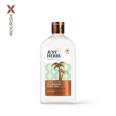 Coconut and almond body milk bottle with copper cap and white label.