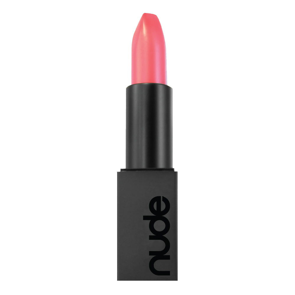 Vegan lipstick in muted raspberry pink with black tube and cap