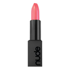 Vegan lipstick in muted raspberry pink with black tube and cap