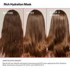 Three hair panels labeled before, after, and after 5 washes for hydration