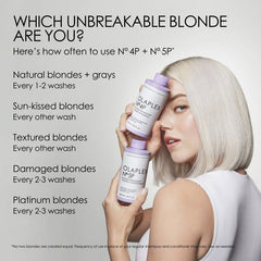 Olaplex No.5P toning conditioner bottle held in hand, lilac cap, white label