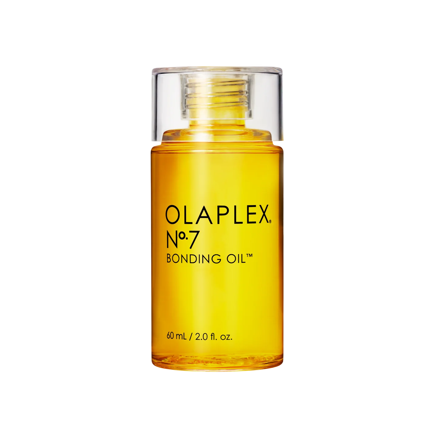 Olaplex No.7 Bonding Oil bottle with amber-gold liquid and clear cap, 60 ml