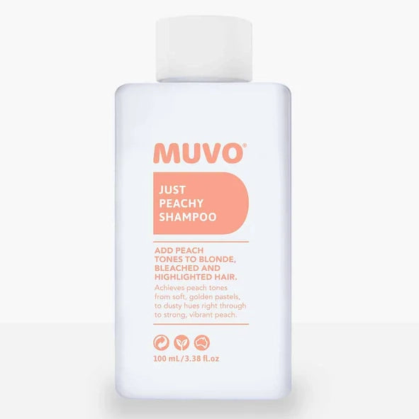 Muvo Just Peachy shampoo bottle, 100 ml, white bottle with peach front label