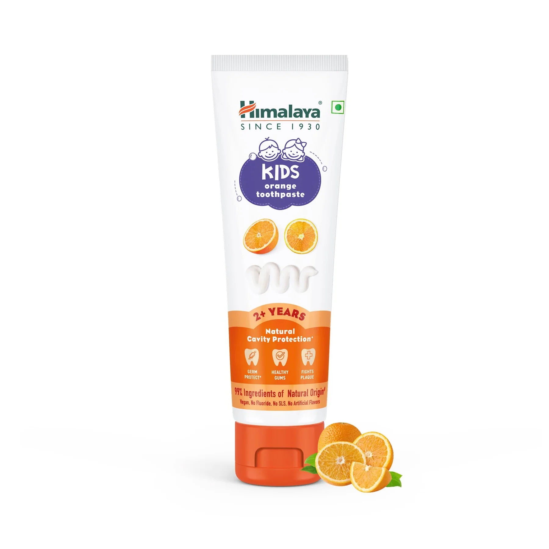 Himalaya Kids orange toothpaste tube with front label and citrus icons