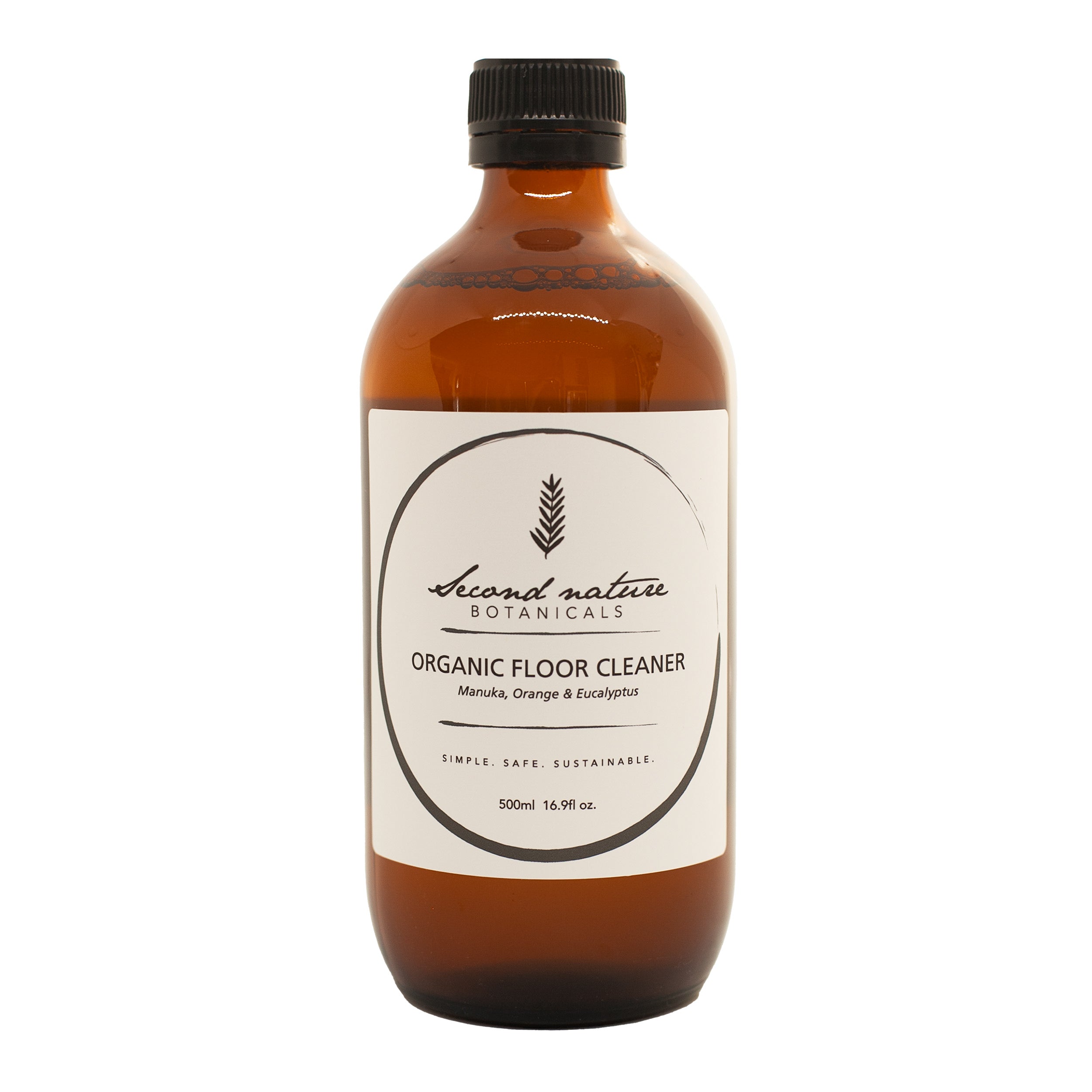 500ml organic floor cleaner bottle with amber liquid and black cap