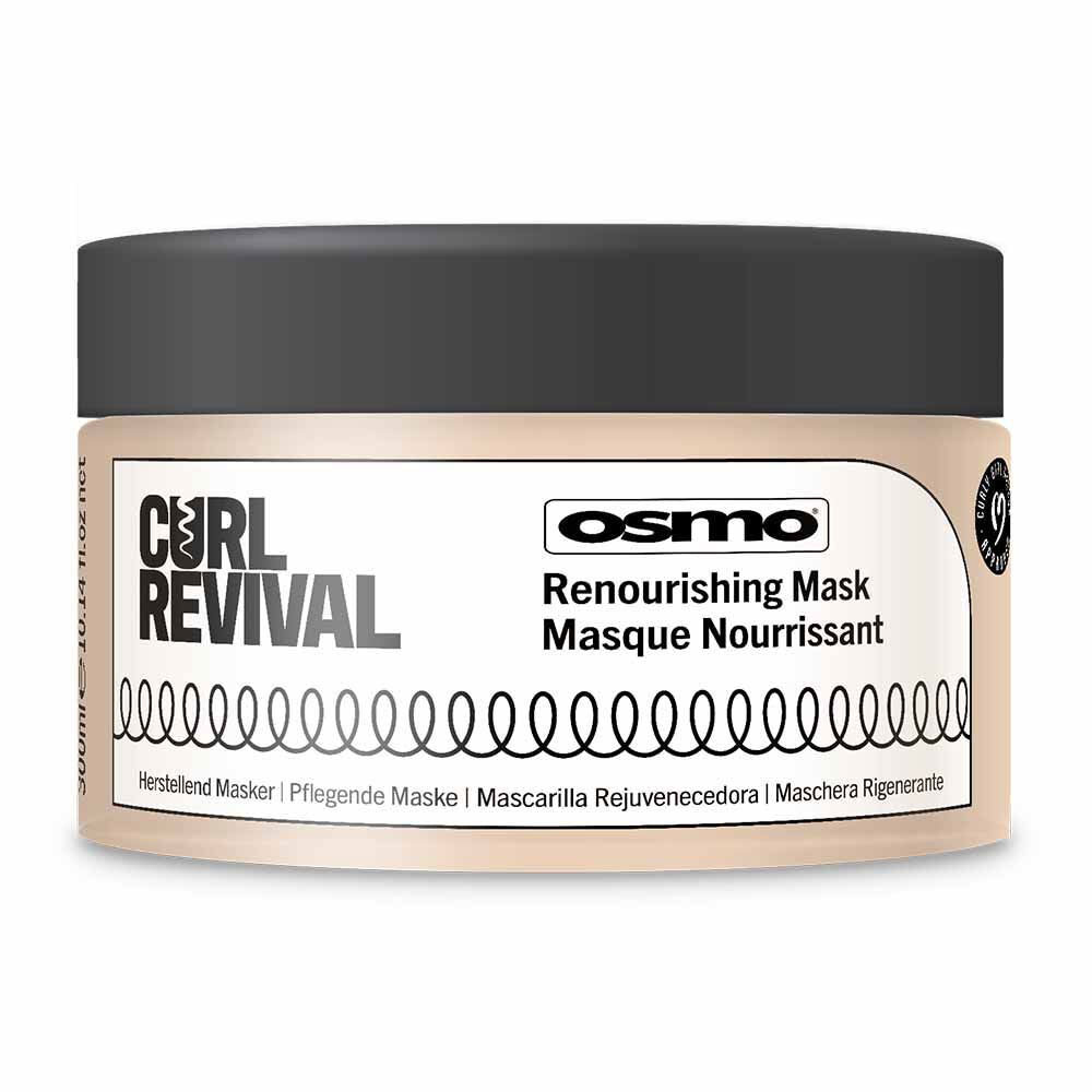 Osmo Curl Revival hair mask jar with black lid and beige label
