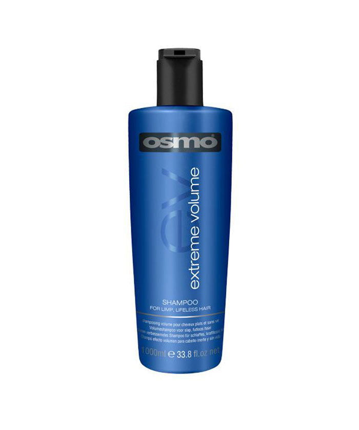 Osmo Extreme Volume shampoo bottle, blue with black pump cap