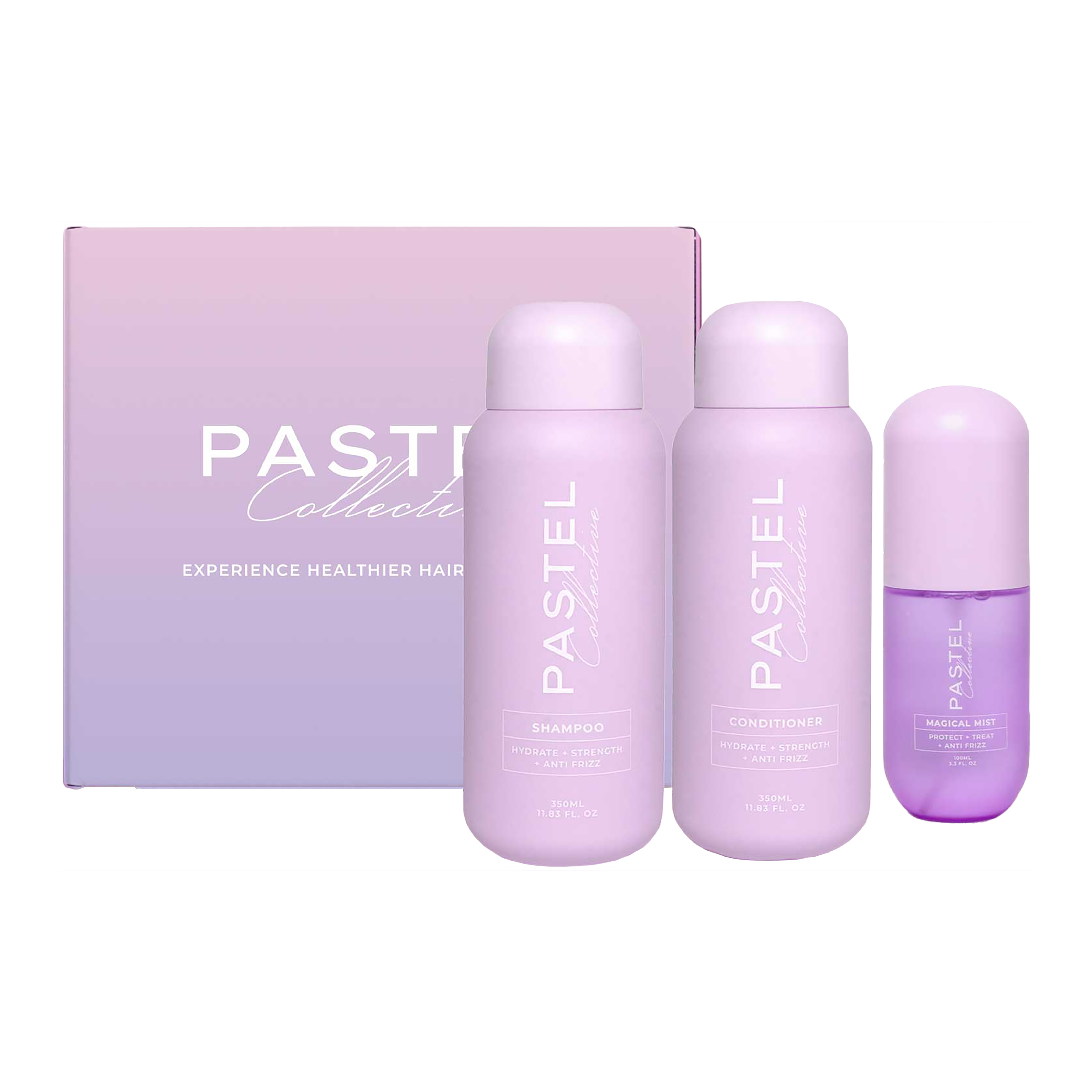 Hair care trio set with three pastel purple bottles and gift box, Pastel Collective