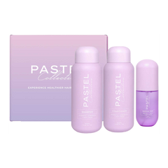 Hair care trio set with three pastel purple bottles and gift box, Pastel Collective
