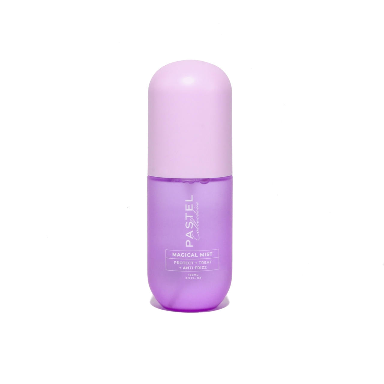 Magical hair mist bottle with purple tube, rounded cap, front label.