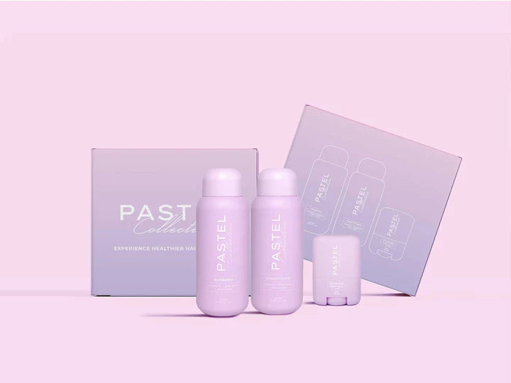 Pastel Collective HYDRATE styling bar trio: two pastel bottles, tube, and boxed set
