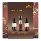 Violet toning blonde hair gift set box with shampoo, leave-in treatment, conditioner bottles