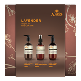Lavender hair care set, three bottles shown on front of brown gift box