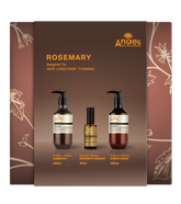 Rosemary hair thinning gift set box with three pump bottles: shampoo, regrowth essence, conditioner