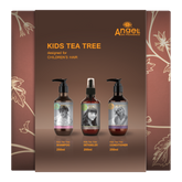 Kids tea tree hair care gift set with three pump bottles: shampoo, conditioner, detangler