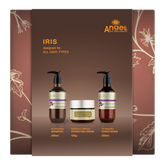 Iris hair care gift set with shampoo, hydration cream jar, and conditioner bottles