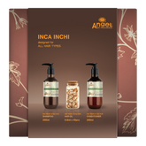 Inca Inchi hair care gift set box showing shampoo, conditioner pumps, and oil capsule jar