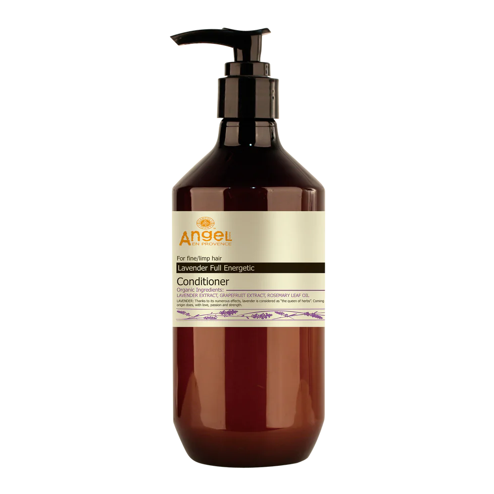 Lavender conditioner bottle with pump, amber plastic, front label visible.