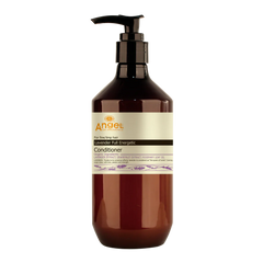 Lavender conditioner bottle with pump, amber plastic, front label visible.