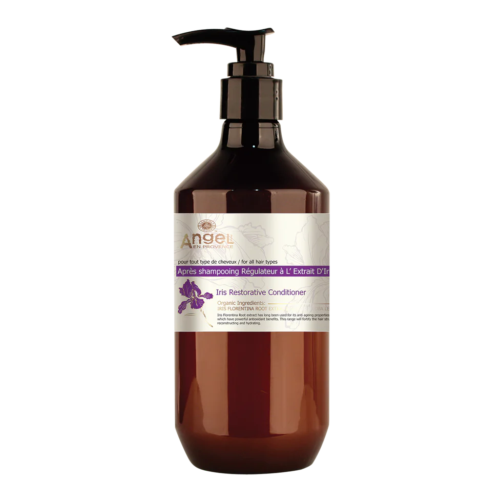 Restorative conditioner bottle with pump, amber liquid, Iris label, 400 ml