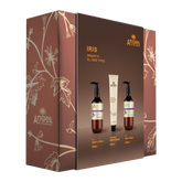 Iris skincare holiday gift set box with two pump bottles and hand cream tube