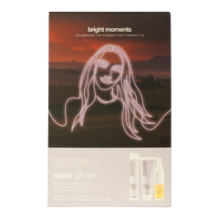 Paul Mitchell repair gift set box with bright moments design and skincare bottles