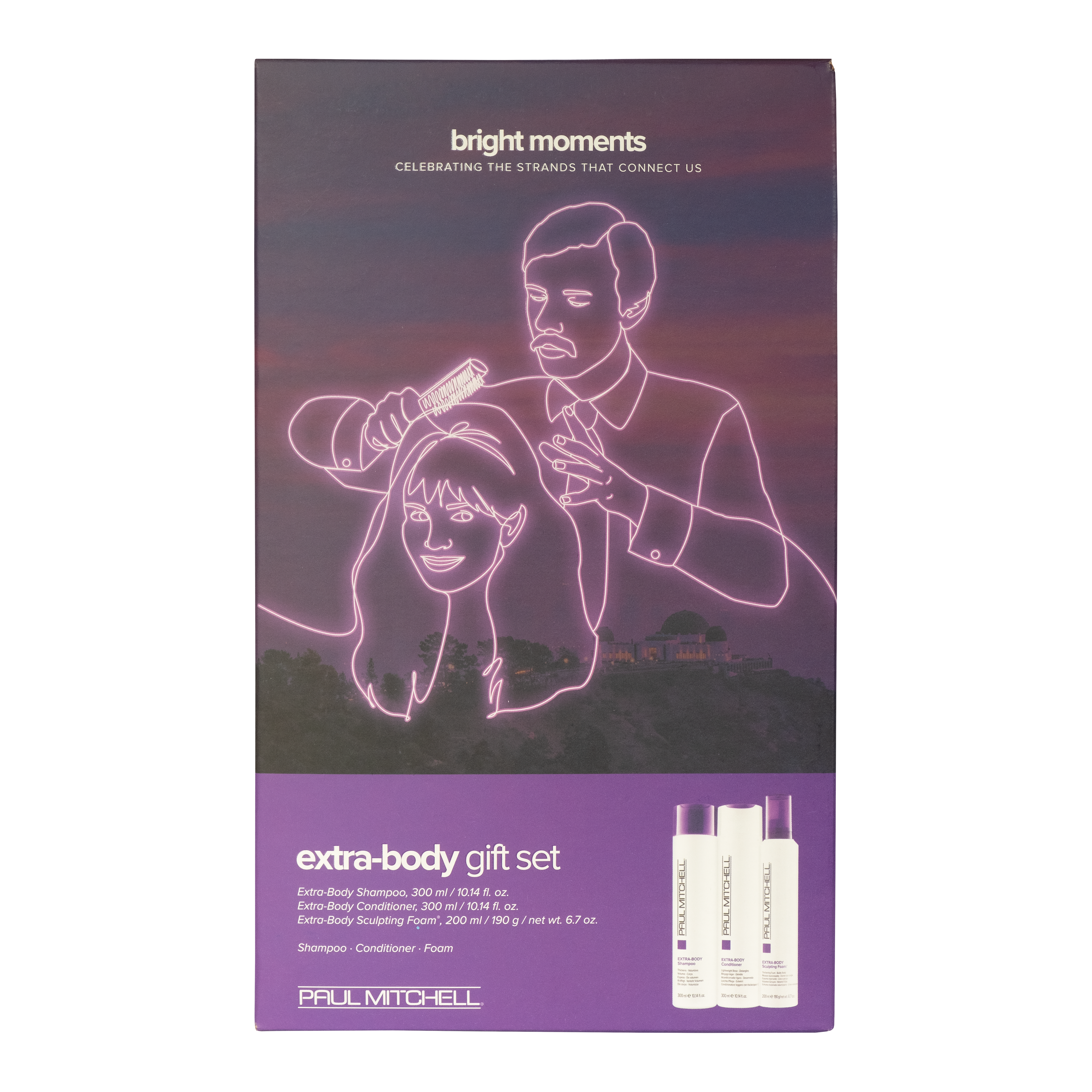 Hair care gift set box with Paul Mitchell Extra Body bottles, front view