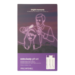 Hair care gift set box with Paul Mitchell Extra Body bottles, front view