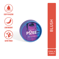 HD blush duo compact with coral-orange shade pan in blue round case