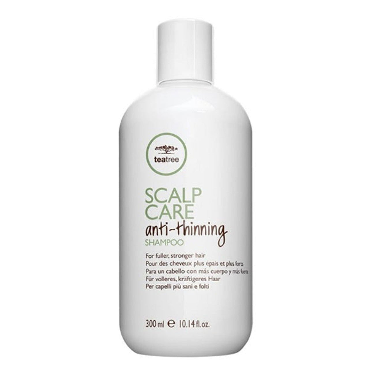 Paul Mitchell anti-thinning shampoo bottle, white plastic with white cap