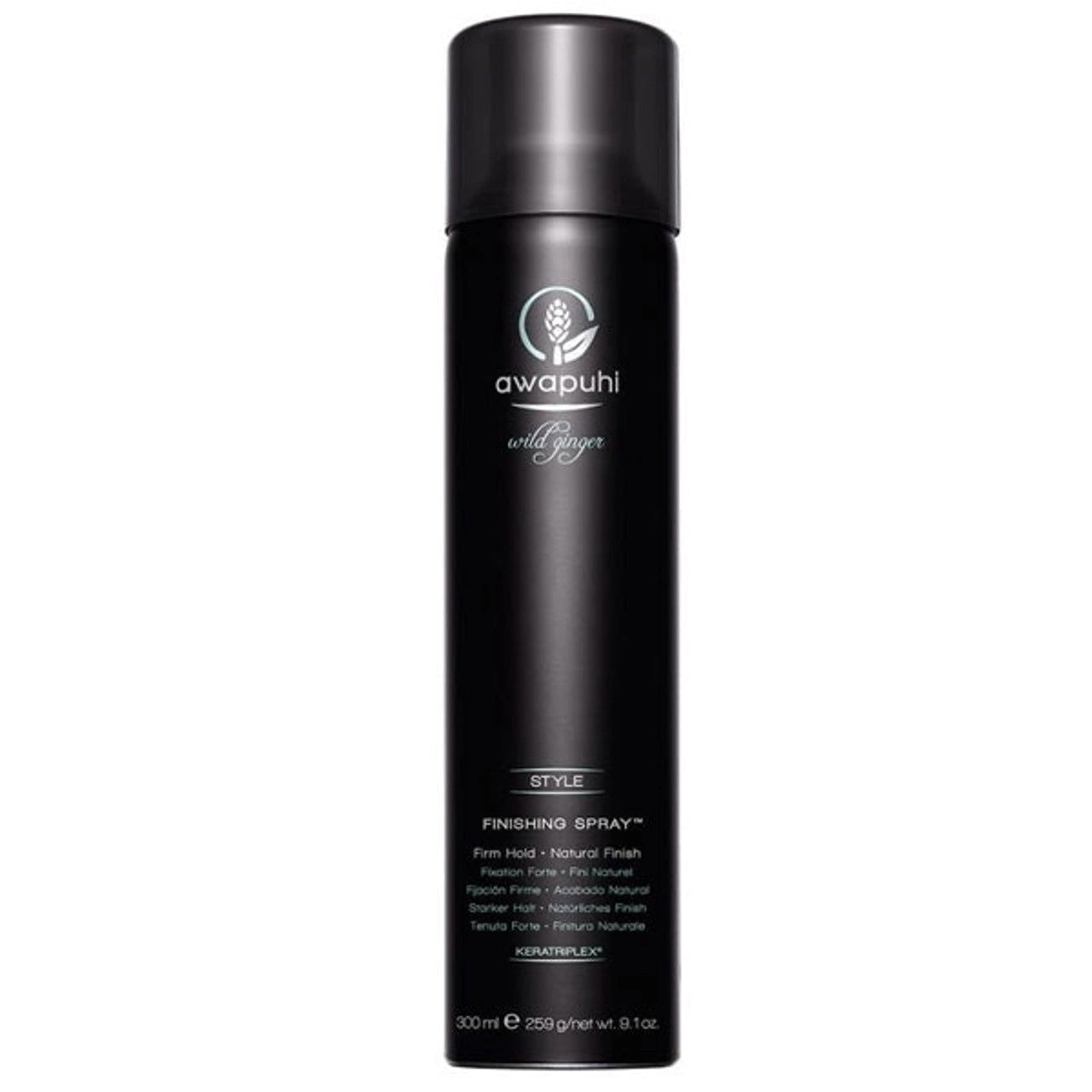 Paul Mitchell Awapuhi Wild Ginger finishing spray bottle, black cylinder with pump cap