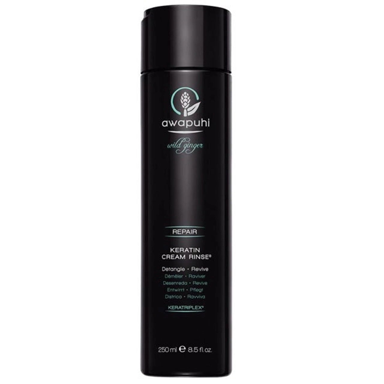 Awapuhi keratin cream rinse bottle, black with label, 250 ml