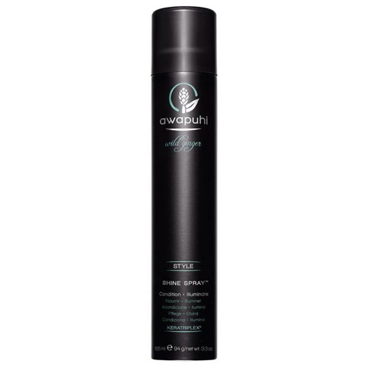 Awapuhi Wild Ginger shine spray bottle, black cylinder with spray nozzle, 125 ml