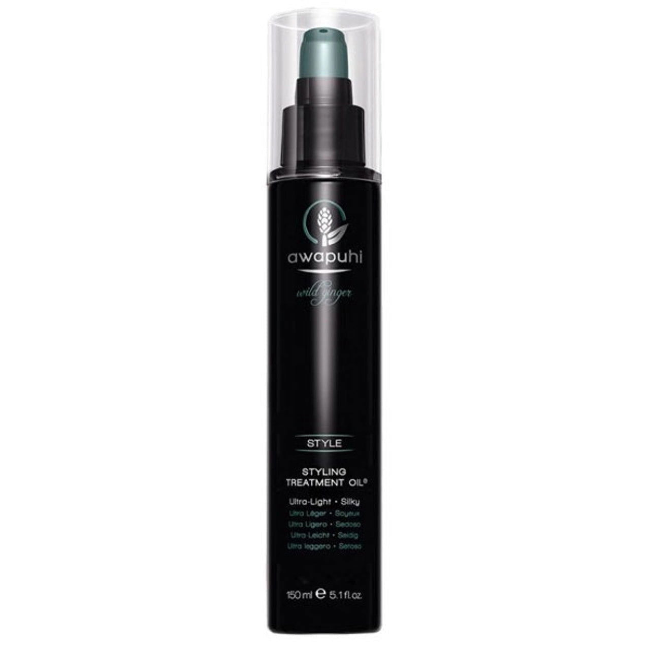 Styling treatment oil bottle, black with teal cap and clear collar