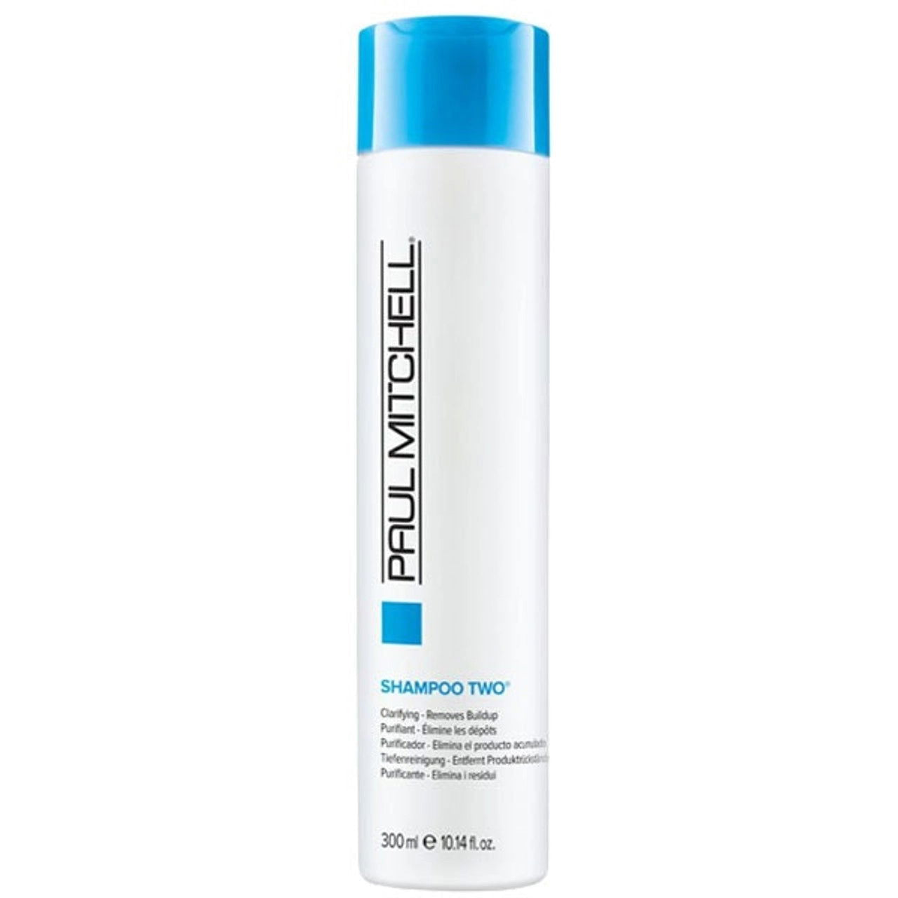 Paul Mitchell clarifying shampoo bottle, white with blue cap and blue label, 300 ml