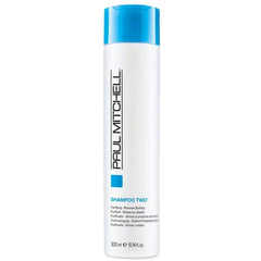 Paul Mitchell clarifying shampoo bottle, white with blue cap and blue label, 300 ml