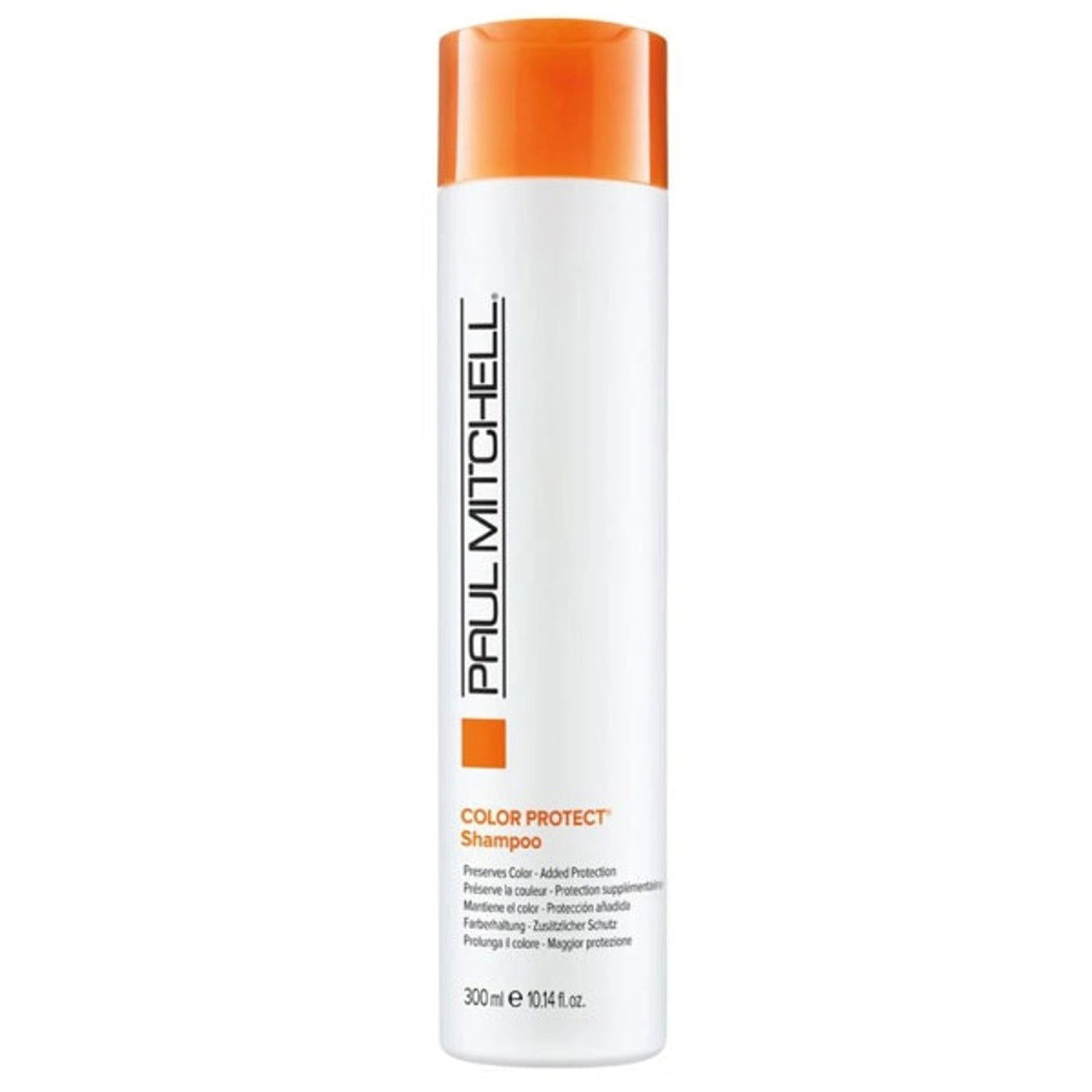 Paul Mitchell Color Protect daily shampoo bottle, orange cap, white label, 300 ml