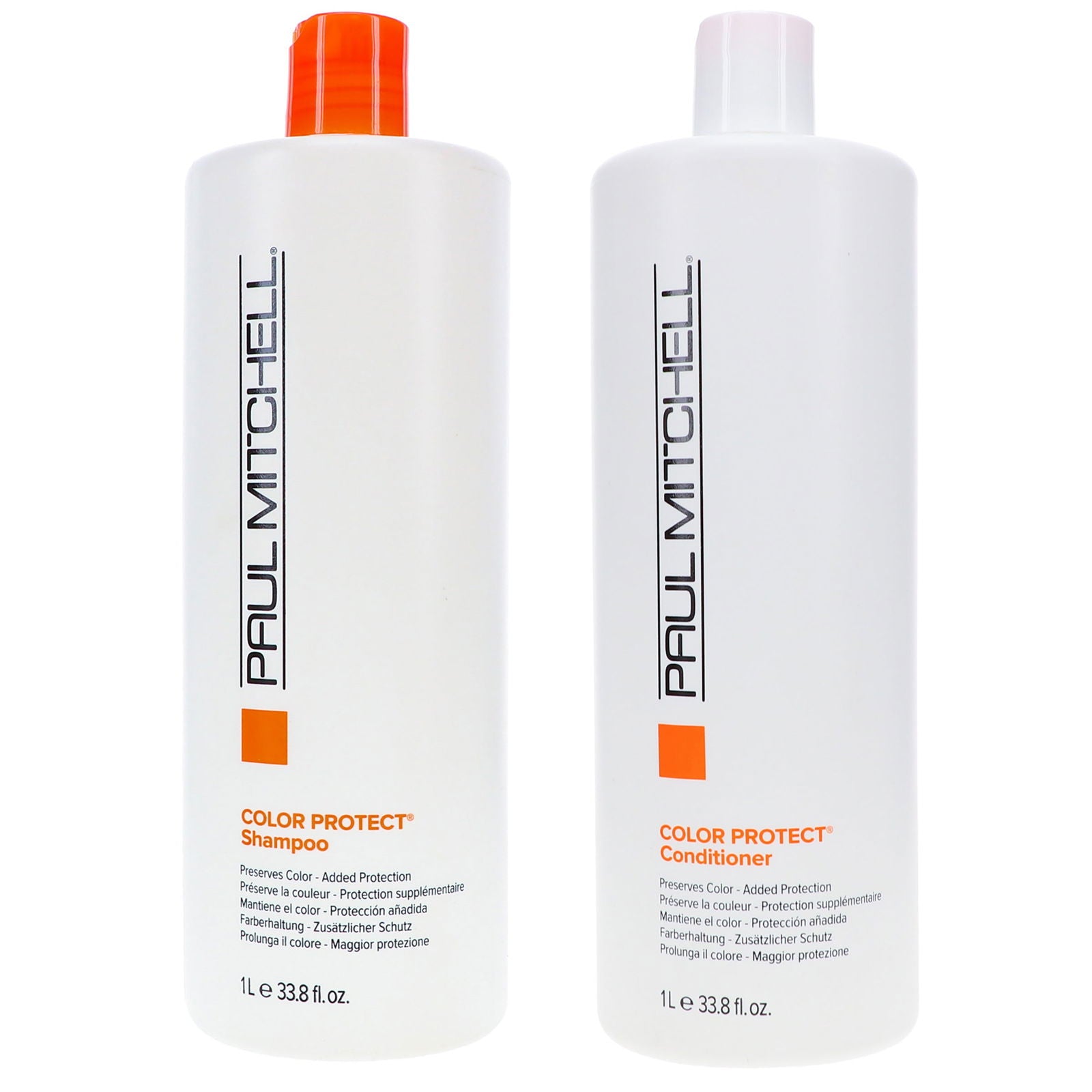 Paul Mitchell Color Protect shampoo and conditioner bottles, 1L duo, white with orange caps