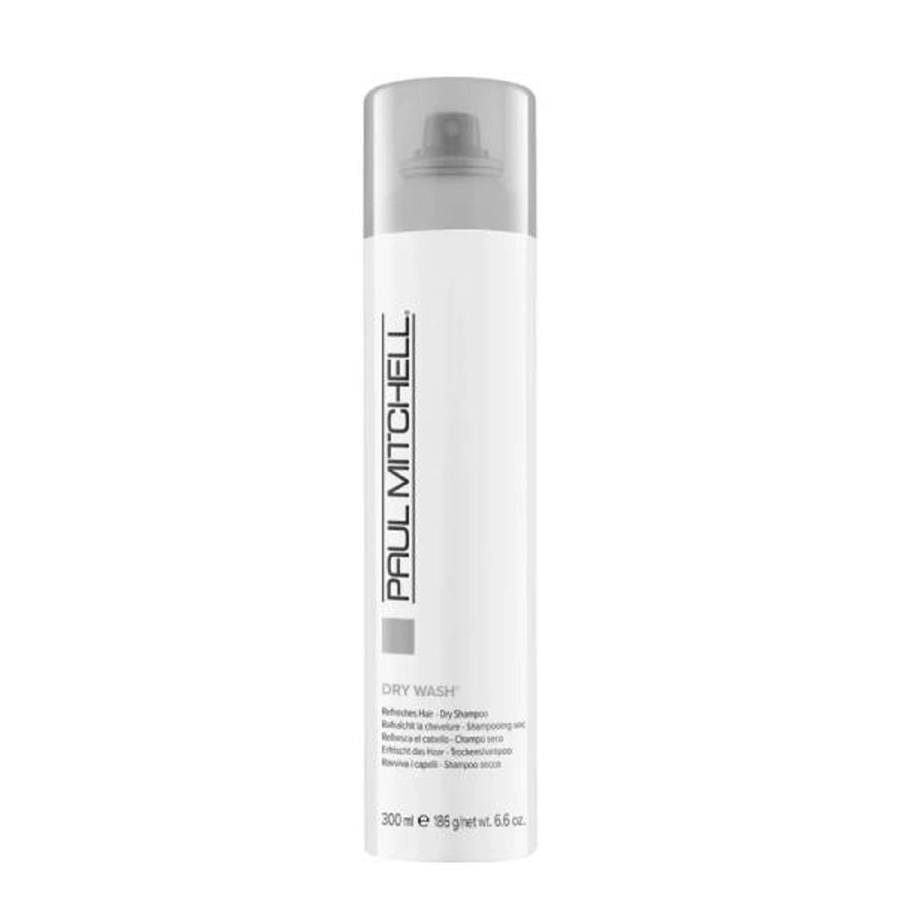 Dry shampoo spray bottle, white plastic can with Paul Mitchell label, 300 ml