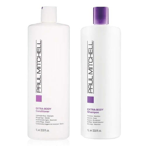 Paul Mitchell Extra-Body shampoo and conditioner duo, two white bottles with purple caps