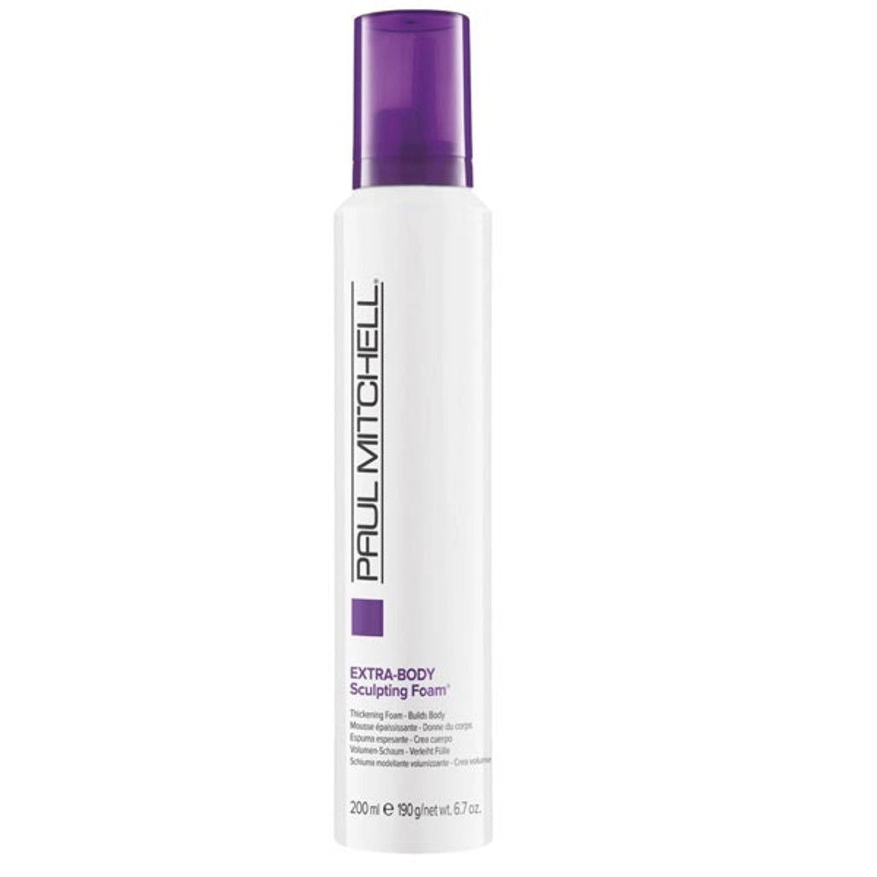 Paul Mitchell Extra-Body Sculpting Foam bottle with purple pump top, white label.