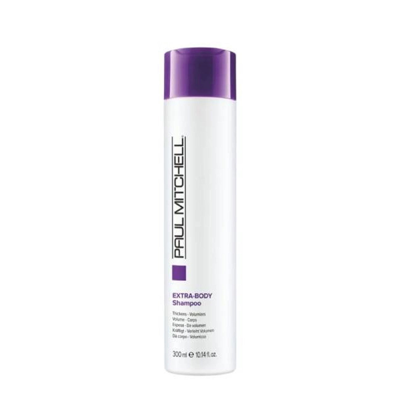 Paul Mitchell Extra-Body shampoo bottle, white with purple cap, 300 ml