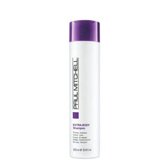 Paul Mitchell Extra-Body shampoo bottle, white with purple cap, 300 ml