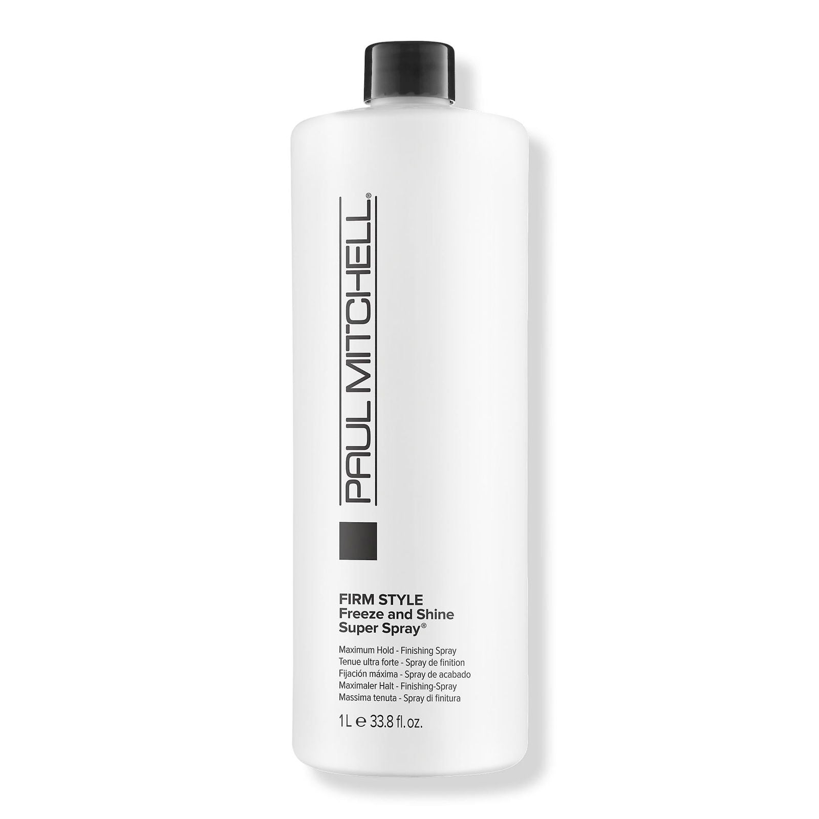 Paul Mitchell Firm Style hair spray bottle with black cap, white label and 1 L size
