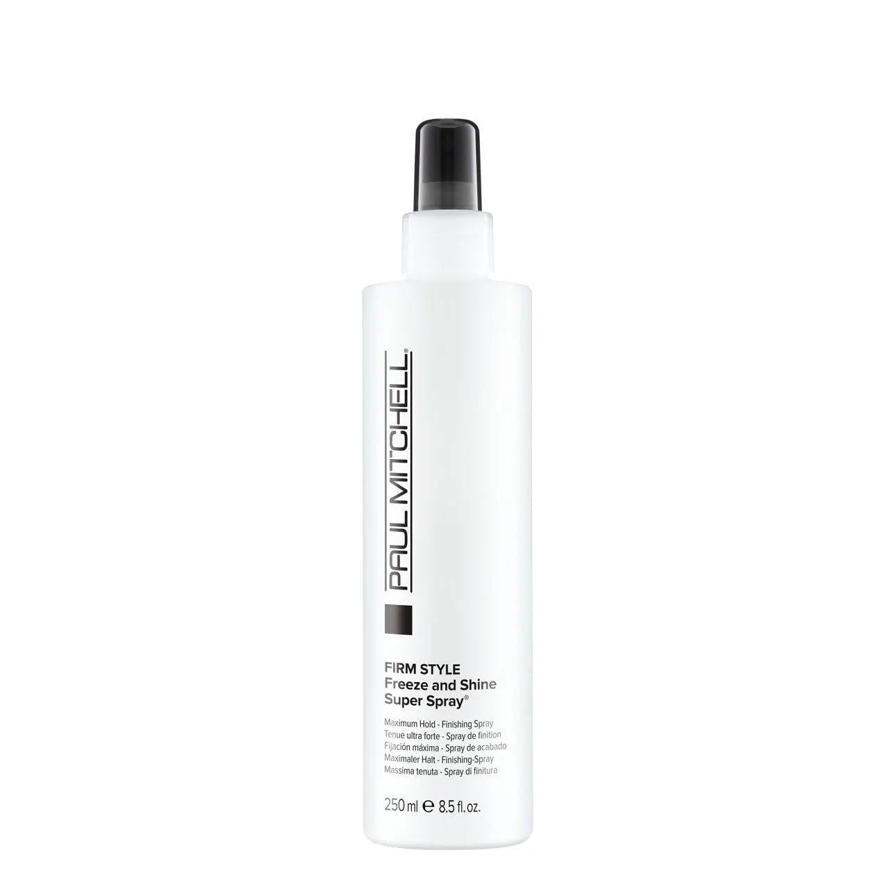 Paul Mitchell hair styling spray bottle with black cap, white label, 250 ml